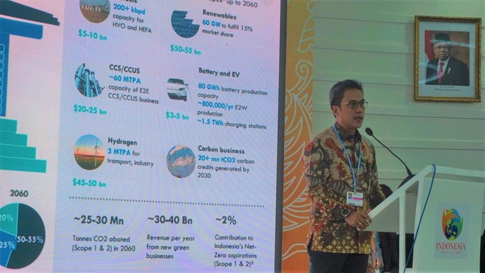 Rangkaian Inisiatif Bisnis Hijau Pertamina untuk Dukung Net Zero 2060 PT Pertamina mengembangkan sejumlah inisiatif bisnis hijau untuk mendukung Indonesia mencapai emisi nol bersih (Net Zero Emission) pada 2060. Khususnya, terkait bahan bakar nabati, energi terbarukan, penangkapan, pemanfaatan, dan penyimpanan karbon, baterai dan kendaraan listrik, hidrogen, serta bisnis karbon.