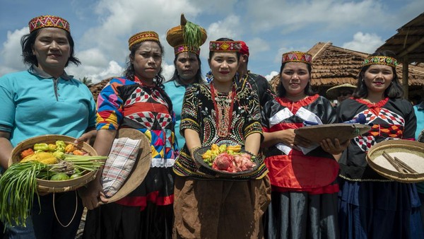 Masyarakat adat membawa hasil pertaniannya ke pembukaan Festival Mosintuwu di Tentena, Kabupaten Poso, Sulawesi Tengah, Rabu (9/11/2022).  