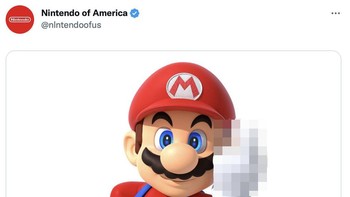 Akun Nintendo palsu tapi centang biru menampilkan karakter Mario mengacungkan jari tengah. Pihak Nintendo mengajukan protes. Foto: (Twitter)