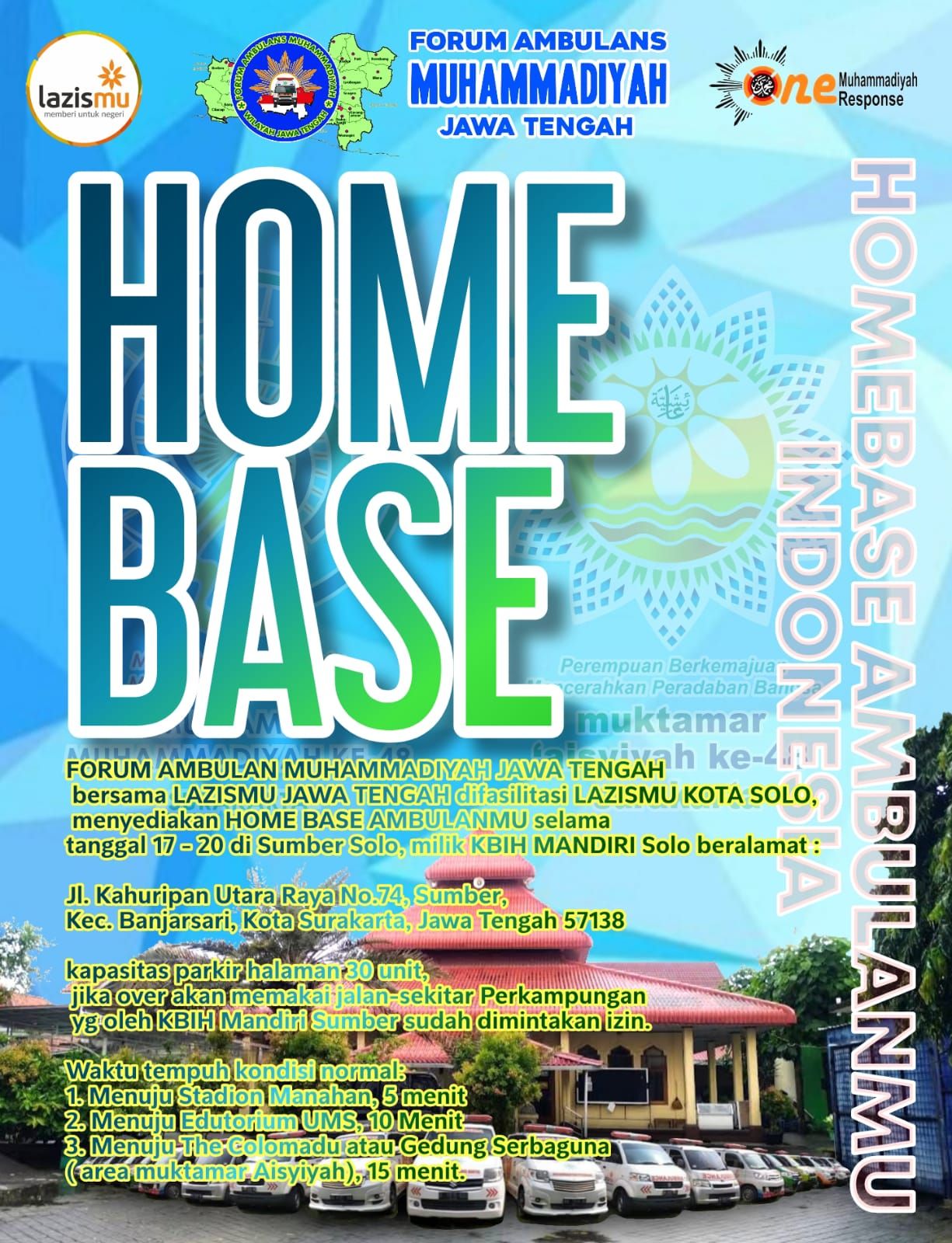 Home base Forum Ambulans Muhammadiyah Jateng dalam rangka Muktamar ke-48 Muhammadiyah dan Aisyiyah di Solo.