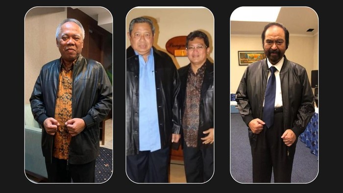 Menteri PUPR Basuki Hadimuljono, mantan Presiden SBY, dan Ketua Umum Partai Nasdem Surya Paloh mengenakan jaket kulit karya Waskito