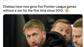 Untuk pertama kalinay sejak 2012, Chelsea 5 kali berlaga di Liga Inggris tanpa kemenangan. Foto: Twitter