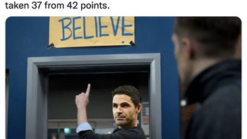 Arsenal selisih 5 poin dari City dan mengambil 37 dari total 42 poin. Foto: Twitter