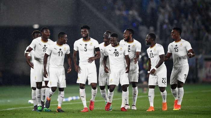 Ghanas national football team players reacts after a goal, during their international friendly football match between Japan and Ghana at the Nissan stadium in Yokohama, on May 30, 2018. (Photo by Martin BUREAU / AFP)        (Photo credit should read MARTIN BUREAU/AFP via Getty Images)