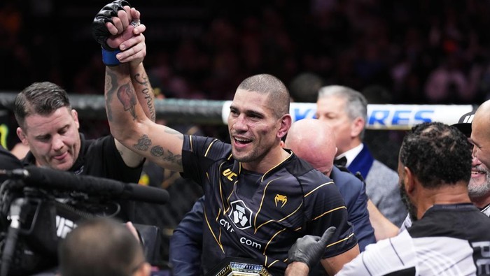 NEW YORK, NEW YORK - NOVEMBER 12: Alex Pereira of Brazil reacts after his TKO victory over Israel Adesanya of Nigeria in the UFC middleweight championship bout during the UFC 281 event at Madison Square Garden on November 12, 2022 in New York City. (Photo by Chris Unger/Zuffa LLC)