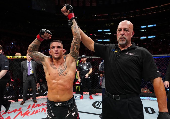 NEW YORK, NEW YORK - NOVEMBER 12: Dustin Poirier reacts after his submission victory over Michael Chandler in a lightweight bout during the UFC 281 event at Madison Square Garden on November 12, 2022 in New York City. (Photo by Jeff Bottari/Zuffa LLC)