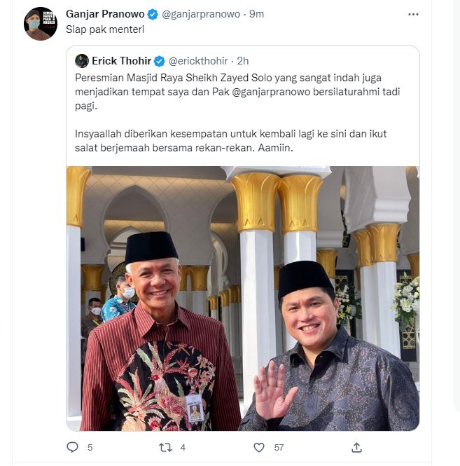 Gubernur Ganjar Pranowo dan Menteri BUMN Erick Thohir di Masjid Sheikh Zayed Solo, Senin (14/11/2022)
