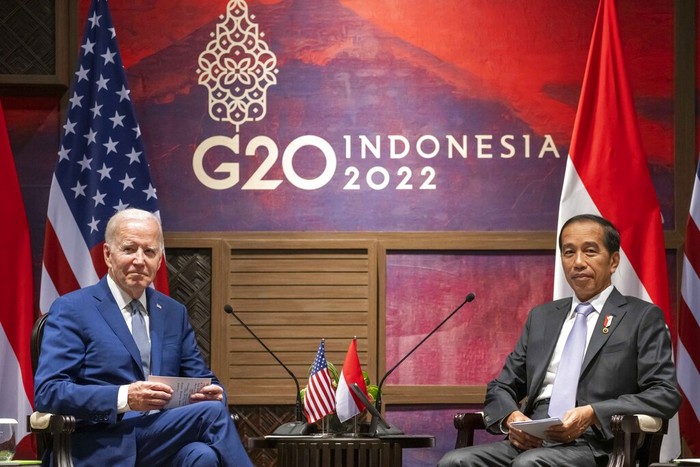 U.S. President Joe Biden and Indonesian President Joko Widodo meet on the sidelines of the G20 summit meeting, Monday, Nov. 14, 2022, in Bali, Indonesia. (AP Photo/Alex Brandon)