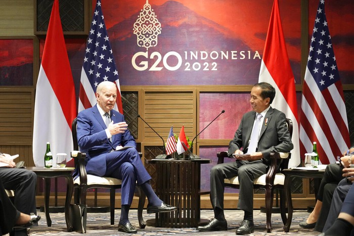 U.S. President Joe Biden, left, talks with Indonesian President Joko Widodo during their bilateral meeting ahead of the G20 Summit in Nusa Dua, Bali, Indonesia, Monday, Nov. 14, 2022. (AP Photo/Achmad Ibrahim)