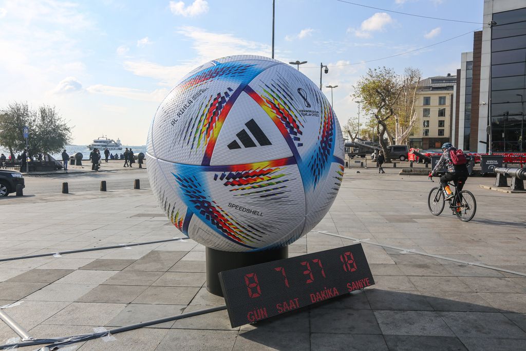 ISTANBUL, TURKIYE- NOVEMBER 12: The giant version of the FIFA World Cup Qatar 2022 Official Match Ball Al Rihla has started to be exhibited in Turkey on November 12, 2022 in İstanbul, Türkiye. The giant Al Rihla ball, with a weight of 280 kilograms and a height of 3 meters, exhibited in Istanbul Beşiktaş Square, starts the countdown for the FIFA World Cup by meeting with the fans. (Photo by Hakan Akgun/ dia images via Getty Images)