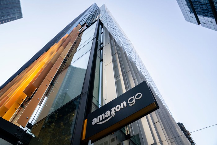 SEATTLE, WA - NOVEMBER 14: A sign for an Amazon Go retail store is seen at the Amazon.com Inc. headquarters on November 14, 2022 in Seattle, Washington. Large scale layoffs are expected at the tech giant this week. (Photo by David Ryder/Getty Images)