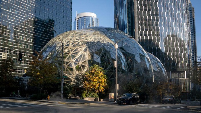 SEATTLE, WA - NOVEMBER 14: A sign for an Amazon Go retail store is seen at the Amazon.com Inc. headquarters on November 14, 2022 in Seattle, Washington. Large scale layoffs are expected at the tech giant this week. (Photo by David Ryder/Getty Images)