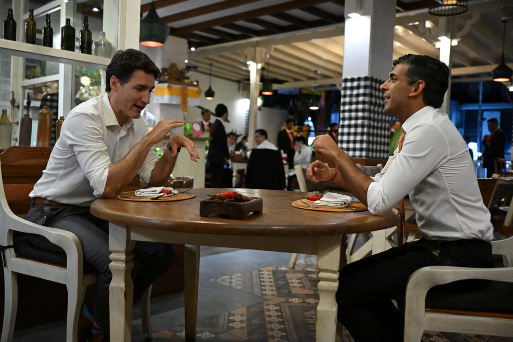 Canada's Prime Minister Justin Trudeau and British Prime Minister Rishi Sunak have a bilateral meeting at the Art Cafe Bumbu Bali, ahead of the G20 Summit, in Nusa Dua, Bali, Indonesia, November 14, 2022.  Leon Neal/Pool via REUTERS