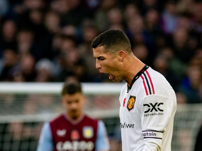 BIRMINGHAM, ENGLAND - NOVEMBER 06:  Cristiano Ronaldo of Manchester United reacts during the Premier League match between Aston Villa and Manchester United at Villa Park on November 6, 2022 in Birmingham, United Kingdom. (Photo by Ash Donelon/Manchester United via Getty Images)