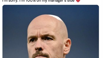 Akun ini menyebut jika saja Ronaldo hanya menyerang keluarga Glazer, mungkin ia akan mendapat respek. Sayangnya dia menyerang Ten Hag. Sorry, aku 100% berada di sisi Ten Hag, tulisnya. Foto: Twitter