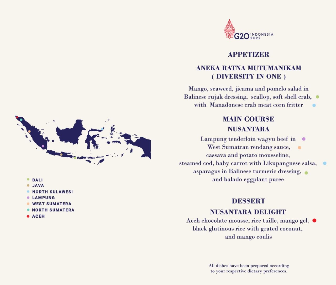 Para pemimpin negara G20 dan pimpinan lembaga internasional dijamu hidangan Nusantara di acara Welcoming Dinner KTT G20 berupa rendang hingga terung balado. (dok Ist)