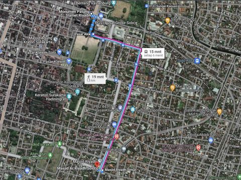 Rute menuju Masjid Ar Riyadh, Jalan Kapten Mulyadi, Pasar Kliwon, Solo, dari simpang empat Gladak atau Monumen Slamet Riyadi. Diakses dari Google Maps pada Selasa (15/11/2022).