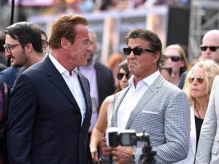 HOLLYWOOD, CA - JUNE 28:  Actors Arnold Schwarzenegger and Sylvester Stallone arrive at the Los Angeles premiere of Terminator Genisys at Dolby Theatre on June 28, 2015 in Hollywood, California.  (Photo by Axelle/Bauer-Griffin/FilmMagic)
