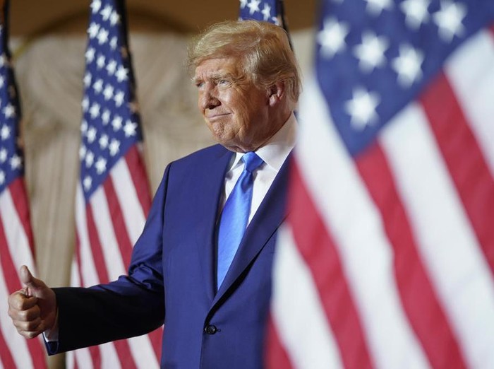 Former President Donald Trump speaks at Mar-a-lago on Election Day, Tuesday, Nov. 8, 2022, in Palm Beach, Fla. (AP Photo/Andrew Harnik)