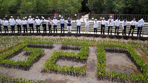 G20 Leaders raise their garden hoes for a group photo during a tree planting event at the Taman Hutan Raya Ngurah Rai Mangrove Forest, on the sidelines of the G20 summit meeting in Nusa Dua, on the Indonesian resort island of Bali on November 16, 2022. (Photo by Alex Brandon / POOL / AFP) (Photo by ALEX BRANDON/POOL/AFP via Getty Images)