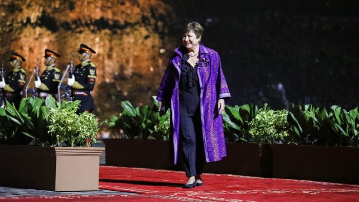 IMF Managing Director Kristalina Georgieva walks at the Welcoming Dinner during G20 Leaders Summit, at the Garuda Wisnu Kencana Cultural Park, in Badung, Bali, Indonesia, on Tuesday Nov. 15, 2022. (Willy Kurniawan/Pool Photo via AP)