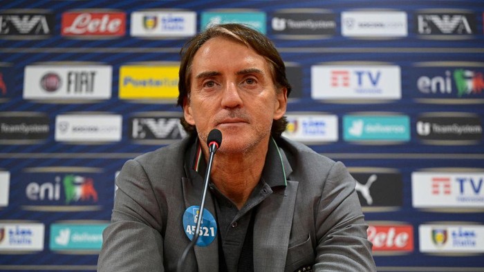 TIRANA, ALBANIA - NOVEMBER 15: CT Roberto Mancini of Italy speaks with the media during the Italy Press Conference at Albania Stadium on November 15, 2022 in Tirana, Albania (Photo by Mattia Ozbot/Getty Images)