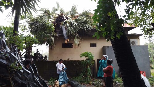 Atap salah satu rumah warga di Karangasem, Bali, tertimpa pohon, Kamis (17/11/2022).