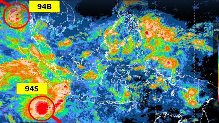 BMKG melaporkan kemunculan bibit siklon tropis 94S di Samudera Hindia. Hujan lebat berpotensi terjadi di Sumatera Utara (Sumut) hingga Jawa Tengah (Jateng). (dok IG @infobmkg)