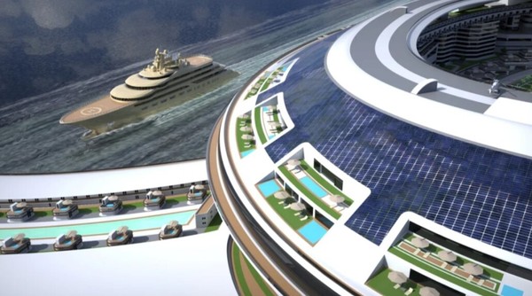 Memiliki teknologi terbarukan, atap dari Pangeos dilapisi panel surya untuk membantunya berlayar. (Lazzarini Design)