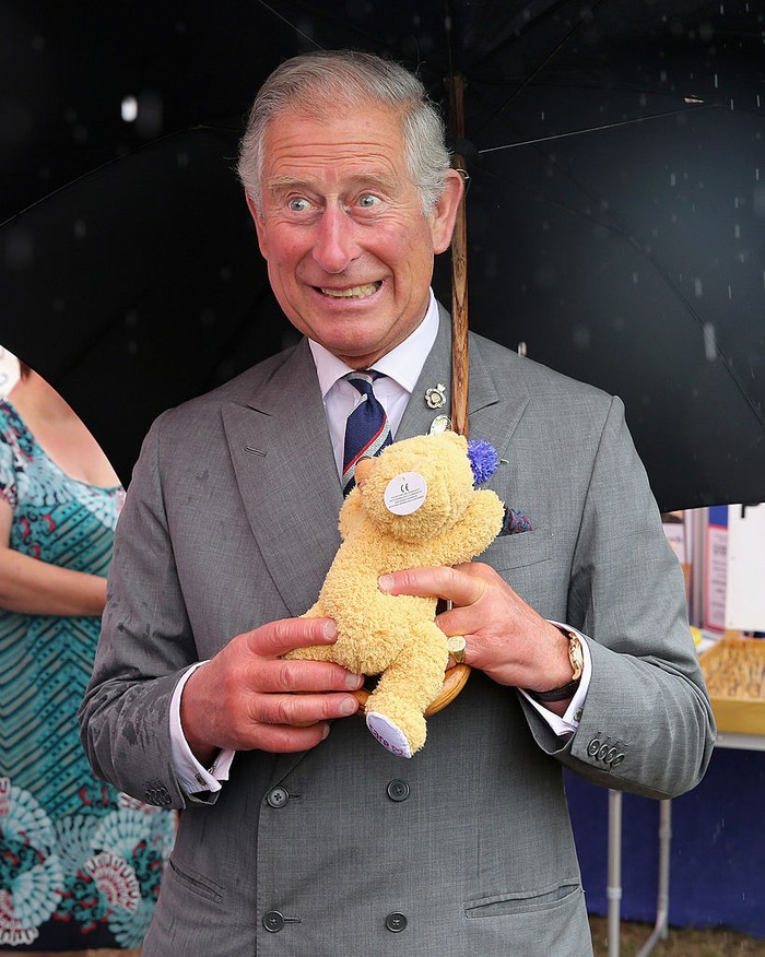 Raja Charles III memegang boneka teddy bear