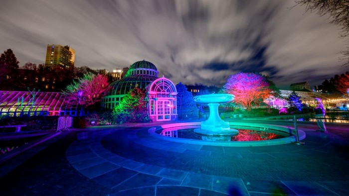Taman Botani Brooklyn, New York, Amerika Serikat, tampil dengan instalasi tata cahaya warna-warni yang memukau. Penasaran?