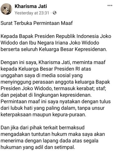 Kharisma Jati minta maaf.
