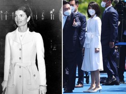Kim Keon-hee sendiri memang dikenal dengan gaya elegan dan klasik. Tak heran jika ia disandingkan dengan potret Jackie O, mantan ibu negara AS yang merupakan istri John F. Kennedy. Namun kesamaan gaya di antara keduanya dianggap netizen terlalu sering untuk tidak disengaja. Foto: Getty Images