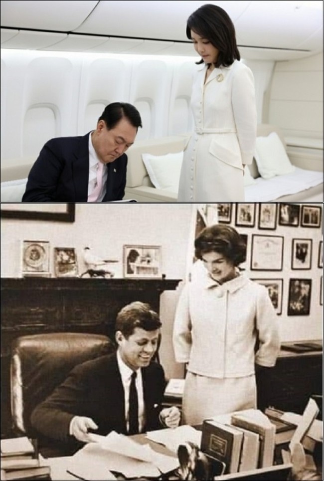 Ibu negara Korea Selatan Kim Keon-hee jadi perbincangan karena beberapa gaya busana dan posenya disebut meniru Audrey Hepburn dan Jackie O. Dalam beberapa potret resmi, busana dan pose mereka terlihat cukup persis. Tak sedikit yang berpikir bahwa kemiripan itu bukan disengaja.Foto: Youtube