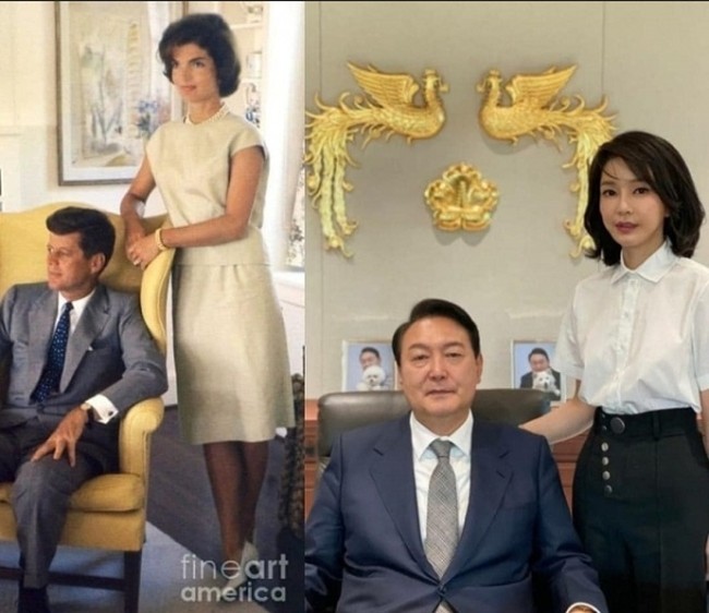 Selain gaya busana, Kim Keon-hee juga disebut suka meniru pose Jackie O ketika menemani suami bekerja.  Foto: Youtube