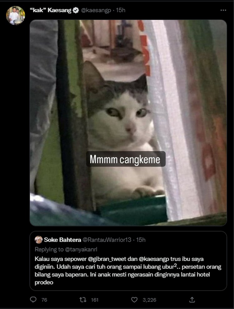 Kocaknya Meme dari Kaesang, Saat Balas Cuitan Netizen di Twitter Kaesang Pangarep baru saja melontarkan beragam meme lucu ke netizen di Twitter. Hal ini sontak membuatnya mendapatkan beberapa follower baru.