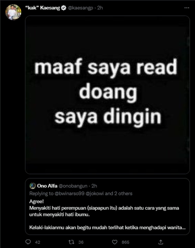 Kocaknya Meme dari Kaesang, Saat Balas Cuitan Netizen di Twitter Kaesang Pangarep baru saja melontarkan beragam meme lucu ke netizen di Twitter. Hal ini sontak membuatnya mendapatkan beberapa follower baru.