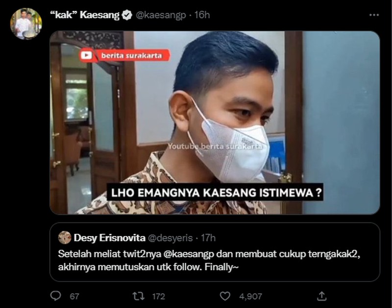 Kaesang Pangarep baru saja melontarkan beragam meme lucu ke netizen di Twitter. Hal ini sontak membuatnya mendapatkan beberapa follower baru.