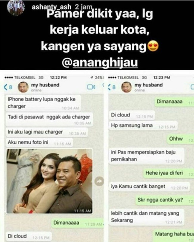 Selalu terlihat kompak dan mesra, ternyata nama kontak Anang di ponsel Ashanty ialah my husband. Dari chat keduanya terlihat jika Anang dan Ashanty selalu saling berkomunikasi dan mengabari satu sama lain, sekalipun sedang berada di kota berbeda. Foto: Instagram