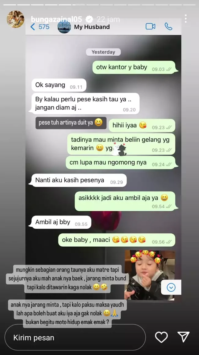 Sama seperti Ashanty, Bunga Zainal juga menamai kontak suami di ponselnya dengan sebutan My Husband. Bunga pun sempat terlihat memamerkan salah satu chatnya dengan sang suami. Foto: Instagram