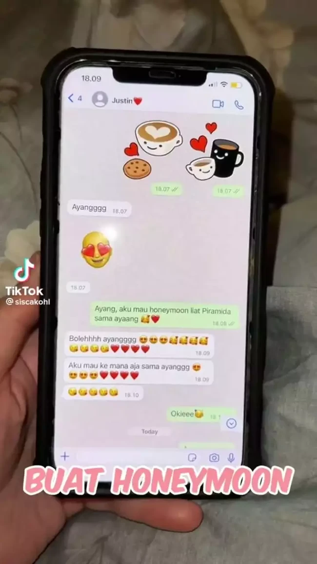 Pasangan yang cukup menghebohkan, Sisca Kohl dan Jess No Limit memang diketahui memliki panggilan sayang satu sama lain dan selalu terlhat mesra. Rupanya nama Jess No Limit di kontak Sisca ialah Justin dan sebuah emot hati berwarna merah. Foto: TikTok/@siscakohl