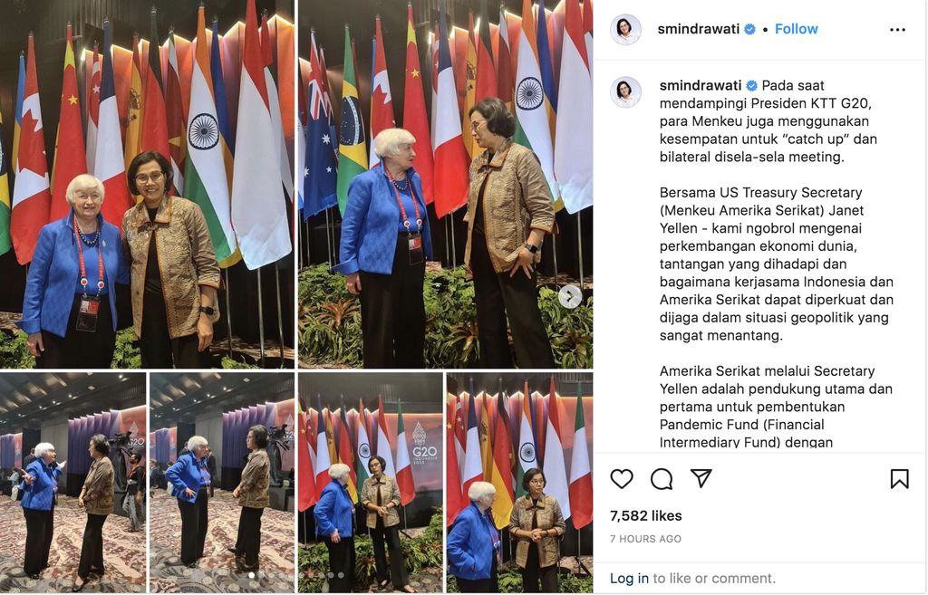 Pada saat mendampingi Presiden KTT G20, para Menkeu juga menggunakan kesempatan untuk “catch up” dan bilateral disela-sela meeting. (Instagram @smindrawati)
