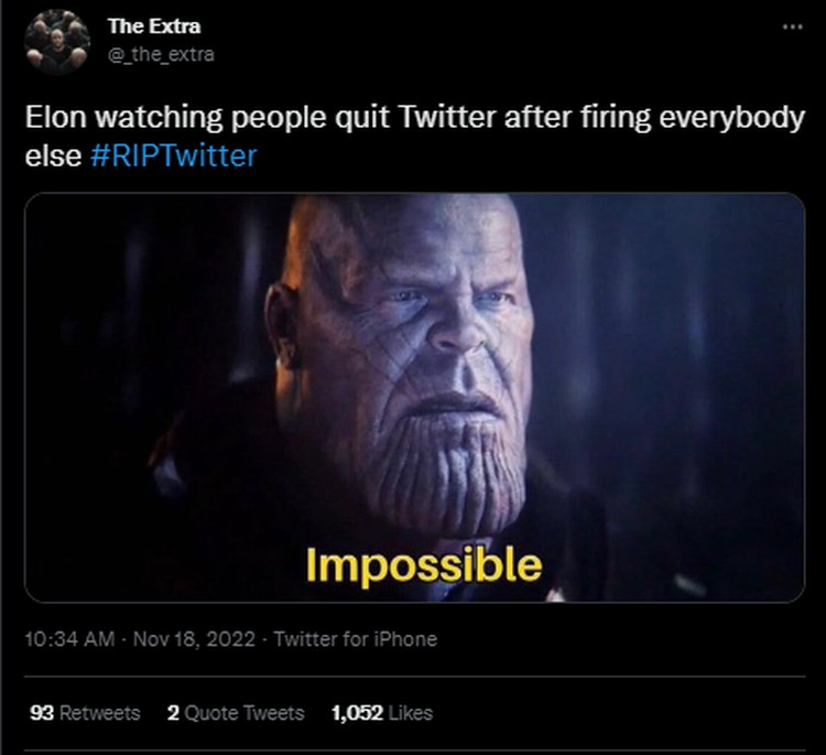 Tagar #RIPTwitter Trending, Deretan Meme Lucu Hadir Ratusan karyawan Twitter mengundurkan diri, tagar #RIPTwitter pun trending di Twitter. Berikut kumpulan meme lucu yang menyertai di dalamnya.