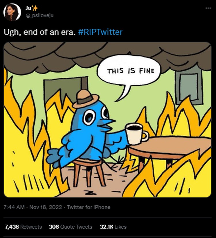 Tagar #RIPTwitter Trending, Deretan Meme Lucu Hadir Ratusan karyawan Twitter mengundurkan diri, tagar #RIPTwitter pun trending di Twitter. Berikut kumpulan meme lucu yang menyertai di dalamnya.