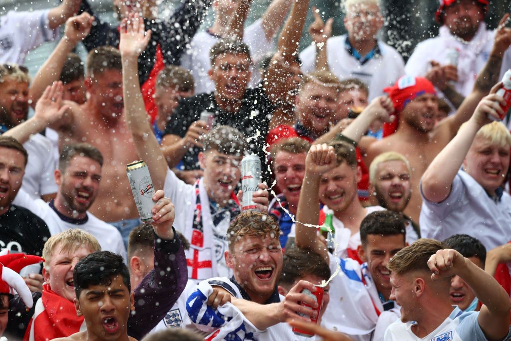 LONDON, ENGLAND - JULY 11:  England fans congregate prior to the UEFA Euro 2020 Championship Final between Italy and England at Wembley Stadium on July 11, 2021 in London, United Kingdom. (Photo by Marc Atkins/Getty Images)