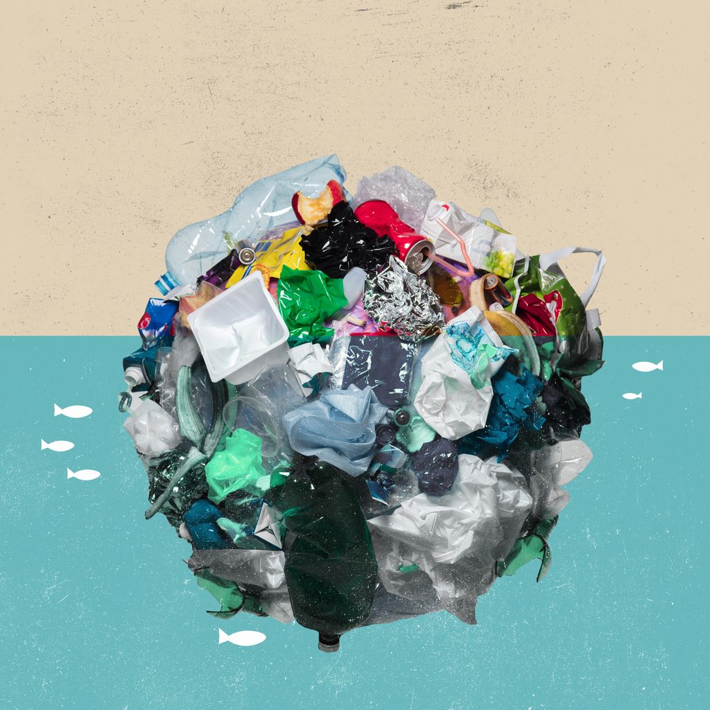 Garbage, plastic, environmental disaster. Contemporary art collage, modern creative design. Idea, inspiration, saving ecology, environmental care, warming of the Earth's climate. Minimalism