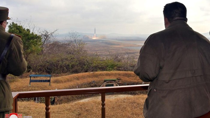 North Korean leader Kim Jong Un watches the launch of an intercontinental ballistic missile (ICBM) in this undated photo released on November 19, 2022 by North Koreas Korean Central News Agency (KCNA). KCNA via REUTERS ATTENTION EDITORS - THIS IMAGE WAS PROVIDED BY A THIRD PARTY. NO THIRD PARTY SALES. SOUTH KOREA OUT. NO COMMERCIAL OR EDITORIAL SALES IN SOUTH KOREA. REUTERS IS UNABLE TO INDEPENDENTLY VERIFY THIS IMAGE.