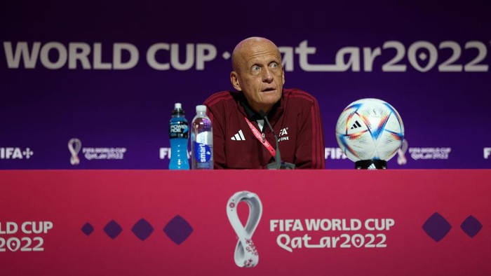 DOHA, QATAR - NOVEMBER 18: Chairman of the FIFA Referees Committee, Pierluigi Collina talks to the media during the Referees Media Day ahead of the official start of FIFA World Cup Qatar 2022 at Qatar Sports Club on November 18, 2022 in Doha, Qatar. (Photo by Christopher Lee/Getty Images)