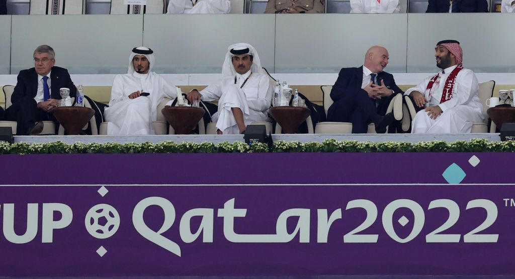 AL KHOR, QATAR - NOVEMBER 20: FIFA President Gianni Infantino (2ndR) and Saudi Arabia's Crown Prince Mohammed bin Salman al-Saud during the FIFA World Cup Qatar 2022 Group A match between Qatar and Ecuador at Al Bayt Stadium on November 20, 2022 in Al Khor, Qatar. (Photo by Amin Mohammad Jamali/Getty Images)