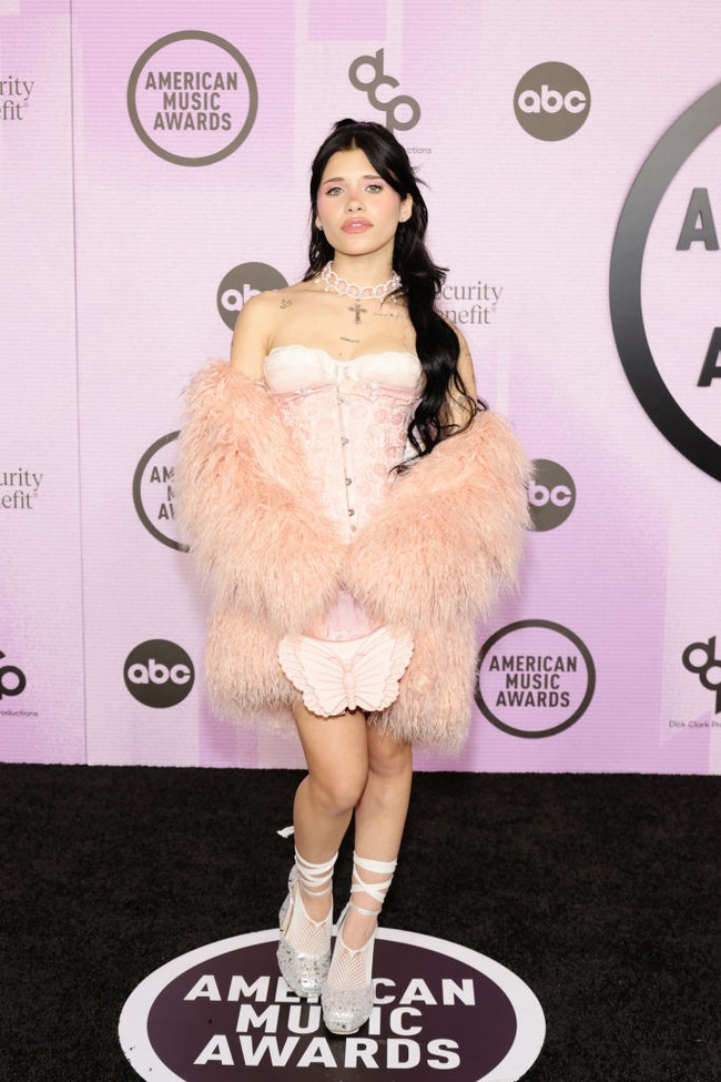 Penyanyi Nessa Barrett mencoba menarik perhatian di red carpet dengan gaun bersiluet korset, jaket bulu dan clutch kupu-kupu. Keseluruhan busananya membuat penampilannya tampak berlebihan. Foto: Getty Images for dcp/Amy Sussman